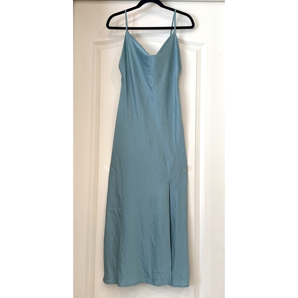 Paper Heart Sz M Maxi Slip Dress Satin Silky Green Front Slit Cowl Neck Club